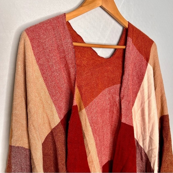 Plaid Color-Block Cozy Autumn Fringed Draped Shawl. One Size Fits All. - Picture 4 of 9